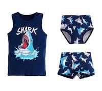 Jamron Ragazzi Set Pigiama 3 Pezzi in Puro Cotone - Dinosauro Canotta + Slip + Pantaloncini - Estivo Abbigliamento da Notte Nero 3-4 Anni