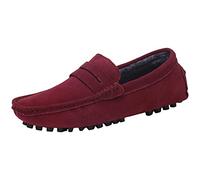 Jamron Uomo Pelle Scamosciata Penny Mocassini Comfort Scarpe da Guida Pantofole Foderato in Peluche Borgogna S2088-2 EU43