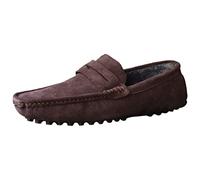 Jamron Uomo Pelle Scamosciata Penny Mocassini Comfort Scarpe da Guida Pantofole Foderato in Peluche caffè S2088-2 EU43