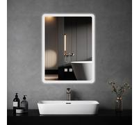 JAMUBOCHE Specchio da bagno con luci a LED, 60 x 45 cm, illuminato, anti-appannamento, 3 colori dimmerabili, retroilluminazione, montaggio a parete, impermeabile, touch control