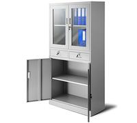 Jan Nowak Armadio da Ufficio C017 Armadietto Archivio con Vetrina in Vetro in Metallo Verniciato a polvere Chiudibile 185 cm x 90 cm x 40 cm (Grigio)