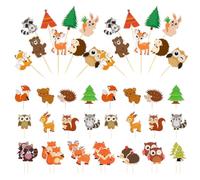 JaneYi 48 Pezzi Topper Torta Compleanno Bambino Decorazioni per Torta Animali del Bosco Cupcake Topper Baby Shower Animal Cake Topper per Bambini Ragazzi e Ragazze Battesimo Compleanno