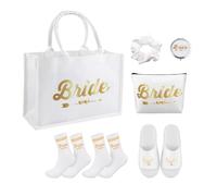JaneYi 6 Pezzi Borsa da Sposa Bianca Set con Trousse Trucco Pantofole Calzini Specchio e Scrunchie in Raso per Matrimonio Futuro Sposa Addio al Nubilato