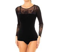 Janira Maglia Pizzo e tulle nero o blu maniche lunghe elegante chic stupenda (L, NERO)