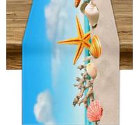 JanJCurt Runner da tavola con spiaggia e oceano, conchiglie estive con stelle marine, conchiglie, cielo blu, oceano, resort naturale, paesaggio, runner da tavola per cene, vacanze, casa, picnic, feste
