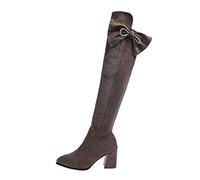 Janly Women's Black Wedge Over The Knee Boots Ladies Fashion Suede Rhinestone Bow Side Zipper Pointed Toe Chunky High Heel Over Knee Boots