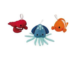 Janod - 3 Giocattoli da Bagno in Peluche per Bambini - Impara a lavarti - Giocattoli da Bagno educativi - Aragosta, Pesce Pagliaccio, vongola in Tessuto - da 10 Mesi - J04731