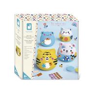 Janod - 4 Figurine in Gesso da Decorare - Animali Tondi, Decalcomanie e Vernici - dai 6 Anni