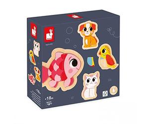 Janod - 4 Puzzle in Legno da 2 a 5 Pezzi - Puzzle Animali da Compagnia - Giocattoli per Bambini - Giochi Educativi - Prima Infanzia - Dai 18 Mesi, J07115