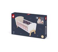 Janod - Lettino Candy Chic - Lettino da Bambola in Legno con Materasso + Copertina + Cuscino - Colori Delicati, Riflessi Scintillanti - Accessori per Bambole - Da 3 a 6 Anni, J05889