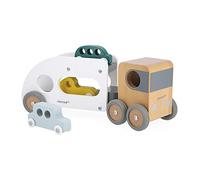 Janod - Camion Bisarca in Legno Bolid - Rimorchio Removibile - 3 Vetture - Immaginazione e Abilità Fino-Motorie - Certificato FSC - Vernice ad Acqua - Dai 2 Anni, J04637