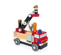 Janod - Camion Dei Pompieri Brico'Kids in Legno, Certificato FSC - Gioco di Costruzioni - con 2 Pompieri - 45 Pezzi, Montaggio Facile - Giocattolo in Legno per Bambini da 3 a 8 Anni, J06469