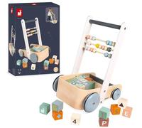 Janod - Carrello Abc Sweet Cocoon - Carrello Primi Passi Didattico in Legno a Spinta - con 20 Cubi Lettere Alfabeto, Numeri e Forme + 3 Stecche Pallottoliere - Vernice Ad Acqua - Da 1 Anno, J04408