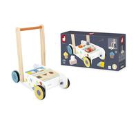 Janod - Carrello da Passeggio in Legno per Neonati e Bambini dai 12 Mesi - 18 Pezzi in Legno Inclusi + Scatola Sagomata - Ruote silenziose + Sistema frenante - dai 12 Mesi