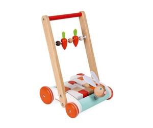 Janod - Carrello Janod Coniglio - Carrello Primi Passi in Legno a Spinta - Testa di Coniglio Su Molla, Carote Su Pallottoliere - con 19 Cubi di Legno - Giocattolo per Bambini da 1 Anno, J8251