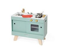 Janod - Cucina in Legno Loft - Giocattolo Imitazione Cucina Ristorante - Stile Vintage e Moderno - 7 Utensili in Metallo e Guanto - Vernice ad acqua - Dai 3 Anni, J06556