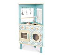 Janod - Cucina in Legno Trio - Compatta 3 Lati - Giocattolo Imitazione Cucina Ristorante - Stile Retrò - 5 Utensili in Metallo Inclusi - Vernice ad acqua - Dai 3 Anni, J06546