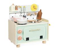 Janod - Cucinino per bambini in legno - Cucina per bambini con quattro utensili e 10 accessori inclusi - Boutons Rotatifs Sonores - Jouet Imitation et Eveil - Da 2 anni, J06640