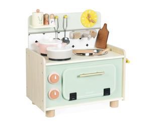Janod - Cucinino per Bambini in Legno - Cucina per Bambini con Quattro Utensili e 10 Accessori Inclusi - Boutons Rotatifs Sonores - Jouet Imitation et Eveil - da 2 Anni, J06640