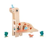 Janod Garage Dino Diplodoco per Bambini-4 Dinosauri su Ruote e 2 Cactus-Sviluppa Le Abilità Fino-Motorie-Legno FSC-dai 24 Mesi, J05835, Multicolore