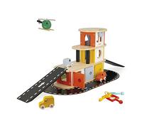 Janod - Garage in Legno Bolid - 3 Veicoli e 1 Elicottero - Gioco a Incastro - Immaginazione e Abilità Fino-Motorie - Certificato FSC - Vernice ad Acqua - Dai 2 Anni, J04636