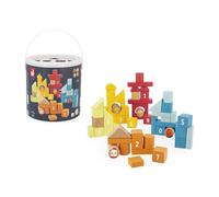 Janod - Barile 56 pezzi in legno con diverse forme, motivi, numeri, colori - Il mio primo gioco di costruzione - Scatola delle forme integrata - Gioco di imitazione - Destrezza e creatività - 1 anno +