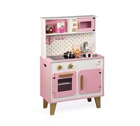 Janod - Grande Cucina Giocattolo in Legno Candy Chic - Con Frigo e Forno a Microonde, Suoni e Luce - Imitazione e Sviluppo - 6 Accessori Inclusi - A Partire dai 3 Anni, J06554, Rosa e Bianco