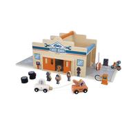 Janod - Il Mio Primo Garage per Auto in Legno Bambini dai 2 Anni in su - 2 Livelli, Officina Meccanica + autolavaggio - 15 Accessori Inclusi - dai 2 Anni