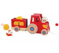 Janod - Trattore da Trainare - Giocattolo Multisensoriale - 1 Trattore per Bambini + 6 Accessori - Ruote silenziose - Sviluppa Le Abilità Motorie - Giocattolo in Legno FSC - dai 12 Mesi, J03317