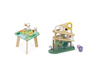 Janod - Jolie Prairie Activity Table - 7 Babyhood Activities - Multi-Game Wooden Table & Wooden Caterpillar Ball Track - Toddler Manipulation And Dexterity Toy
