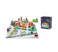 Janod - Kubix, 60 Blocchi + Puzzle Città 20 Pezzi - Gioco di Costruzioni Blocchi in Legno Massello + Puzzle Città in Cartone Come Tappeto di Gioco - Pratico Bidone Portaoggetti - Da 3 Anni, J08304