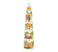 Janod - La Mia Prima Piramide - Animali della Fattoria - Giocattolo Multisensoriale - 5 Cubi da Impilare + 1 Gallina in Legno - Sviluppa la Manualità e l'Immaginazione - Dai 12 Mesi, J03310