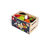 Janod - Maxi Set Frutta e Verdura da Tagliare Green Market - Cassetta Del Mercato con 9 Frutti e Verdure in Velcro - Tagliere e Coltello in Legno - Colino in Metallo - Da 3 a 8 Anni, J06607