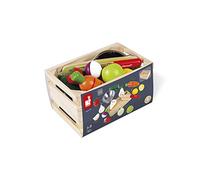 Janod - Maxi Set Frutta e Verdura da Tagliare Green Market - Cassetta Del Mercato con 9 Frutti e Verdure in Velcro - Tagliere e Coltello in Legno - Colino in Metallo - Da 3 a 8 Anni, J06607