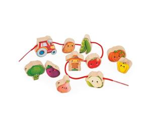 Janod - Perle da Infilare - Tema Orto - Giocattolo Multisensoriale - 11 Perle in Legno per Bambini + 2 Cordoncini - Stimola la Manualità - Giocattolo in Legno FSC - dai 24 Mesi, J03313