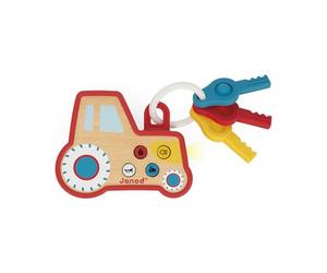 Janod - Portachiavi sonaglio interattivo per bambini Trattore - Effetti sonori e luminosi - Legno e silicone - Sonaglio sonoro per bambini e giocattolo per la dentizione - Batterie incluse - 18 mesi +