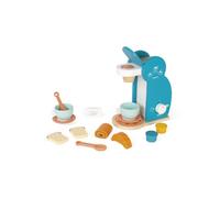 Janod - Set della Colazione - Macchina Del Caffè in Legno + 14 Accessori - 3 Capsule, Cucchiai, Tazze e Piattini, Dolci - Utensili di Cucina Giocattolo per Bambini da 3 a 8 Anni, J06599