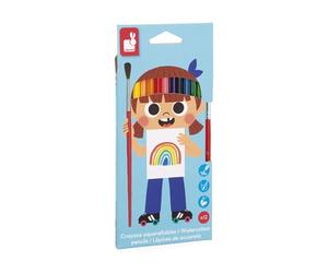 Janod Set di 12 matite acquerellabili + 1 Pennello Incluso-Mina Morbida e Resistente-Disegna e dipingi allo Stesso Tempo-Hobby creativi-dai 3 anni-J07415, Multicolore, J07415