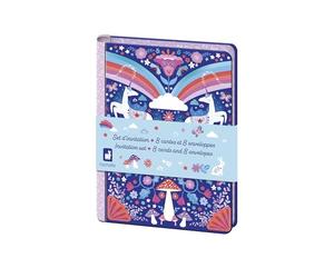 Janod - Set di Inviti 8 Carte Unicorno - 8 Buste - Custodia di Conservazione e 1 Foglio di Adesivi - Invito Compleanno - Adesivi Unicorno - Ideale per 8 Invitati - 6 Anni e + - J08933