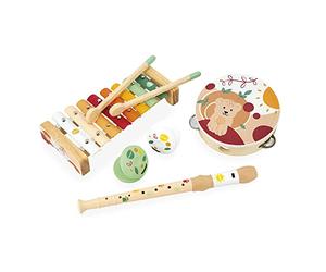 Janod - Set Musicale 5 Strumenti in Legno Sunshine - Strumento Musicale per Bambini - Gioco di Imitazione e Stimolazione Musicale - Vernice ad Acqua - Dai 18 Mesi, J07615