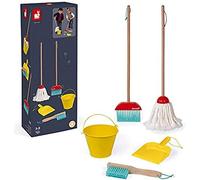 Janod - Set Pulizie Domestiche - 5 Accessori in Legno Realistici - Scopa + Scopa Lavapavimenti + Secchio + Paletta + Scopino - Giocattolo D’Imitazione in Legno per Bambini da 2 a 8 Anni, J06588