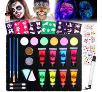 Janolia Body Painting, 14 Colori UV Truccabimbi Kit Anallergici Atossici con 3 Pennelli, Neon Trucca Bimbi Professionali, Trucco Viso Bambini, Face Painting Bambini per Halloween, Carnevale, Pasqua
