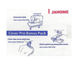 Janome CoverPro - Confezione bonus per 1000CPX / 2000CPX - Cover Pro Tavolo Estensibile, Piedino trasparente per punto di copertura, fissaggio elastico (largo)