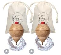 Janster® 2 Trottole in Legno - Confezione da 2 con Punta Tonda + Corda in Cotone, Rondella e Sacchetto in Stoffa | Gioco Tradizionale per Bambini | 2 Trottola legno