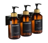 Janxin 3 Pezzi Dispenser Sapone Bagno, Dispenser Sapone Doccia, Dispenser Shampoo e Bagnoschiuma, Adatto per Bagno Doccia Cucina Senza Forare(Bottiglia marrone + testa di bambù nera)