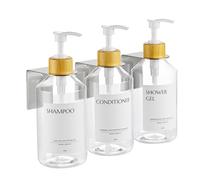Janxin 3 Pezzi Dispenser Sapone Doccia, Dispenser Sapone Bagno a Muro, Dispenser Doccia Muro, Viene Fornito con 12 Adesivi Impermeabili(Bottiglia trasparente + testa in bambù bianco)