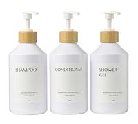Janxin 500 ml Plastic Soap Container Dispenser, Dosatore Ssapone Bagno, Dispenser Shampoo e Bagnoschiuma, with Funnel Label (Bottiglia bianca + testa di bambù)