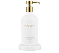 Janxin Dispensatore di Sapone in Vetro da 500ml con Pallet - Set Bianco per Cucina e Bagno - Ideale per Bagno, Doccia e Lavanderia(Bianco + testa dorata+HAND SOAP)