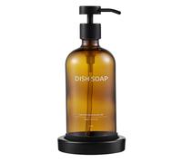 Janxin Dispensatore Sapone Liquido in Vetro Trasparente - Per Bagno e Cucina, Con Pallet, Riutilizzabile, Design Moderno, per Altri Liquidi e Detersivi (Marrone + testa nera+DISH SOAP)