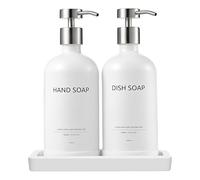 Janxin Dispenser di Sapone Cucina Bianco Set, Dispenser Sapone Bagno Vetro, Dosatore Detersivo Piatti, Adatto Per Cucina, Doccia, Con Vassoio(Bottiglia bianca + testa argento)
